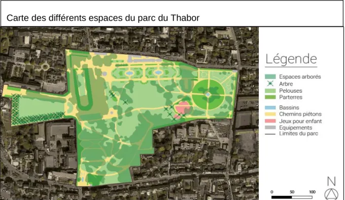 Figure 11 : Carte des différents espaces du parc du Thabor - Réalisation Marc Chaillet
