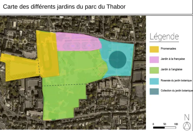 Figure 12 : Carte des différents jardins du parc du Thabor - Réalisation Marc Chaillet
