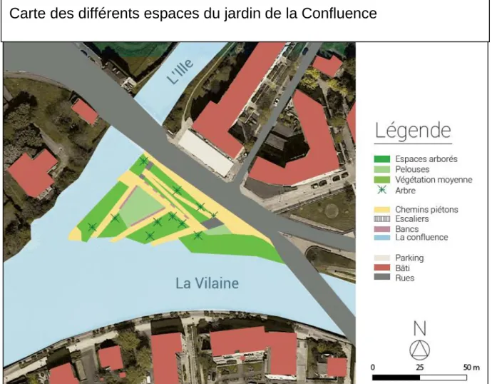 Figure 16 : Carte des différents espaces du jardin de la Confluence - Réalisation Marc Chaillet