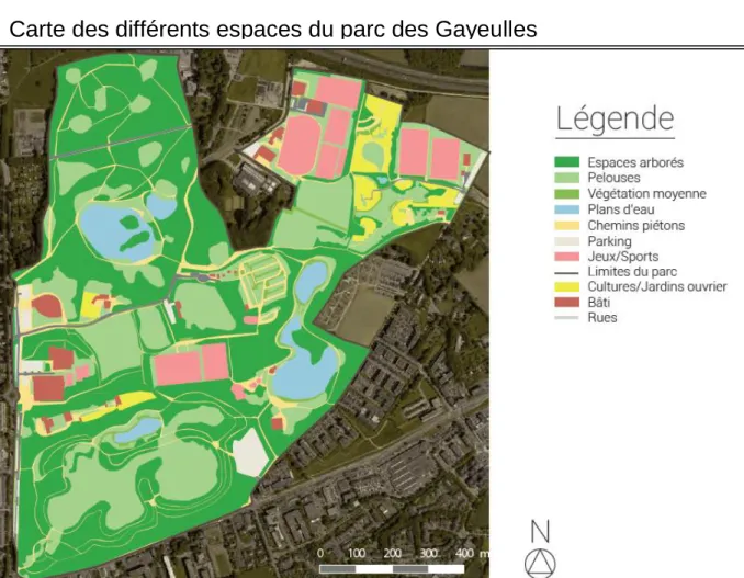 Figure 21 : Carte des différents espaces du parc des Gayeulles - Réalisation Marc Chaillet