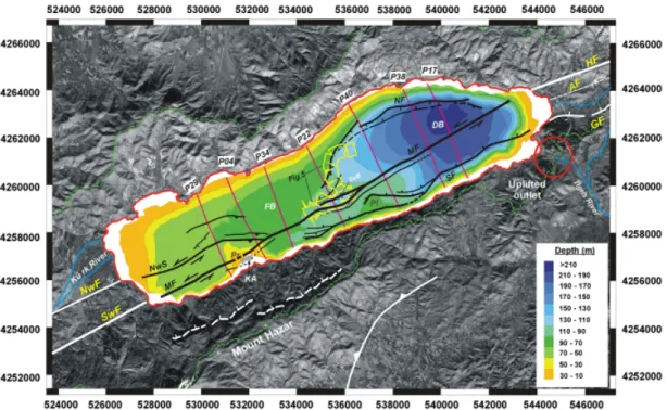 Fig. 4. Bathymetry and fault map of Lake Hazar obtained from the seismic survey.The position of the images plotted in Fig