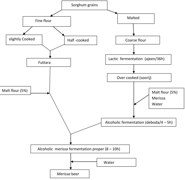 Figure  3.  Traditional  manufacturing  processes  of  merissa  beer  (Dirar,  1978)    –  Processus  traditionnel de la fabrication de la bière merissa (Dirar, 1978)