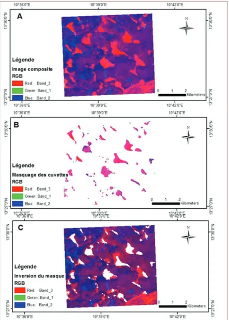 Figure 18 - Image composite issue de la combinaison de la bande PIR, image  de variance et du NDVI (A), image composite du masquage des cuvettes (B)  et inversion du masque (C) 