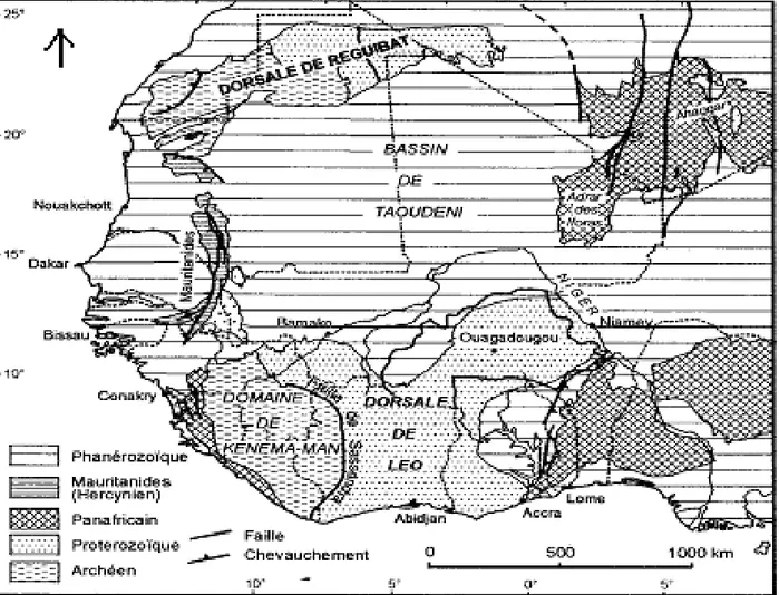 Figure 5 : Carte géologique simplifiée du craton Ouest Africain (d’après Boher et al., 1975) 