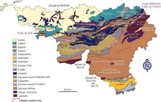 Fig. 5 – Localisation du bassin du Lilot sur la carte géologique de Wallonie Boulvain &amp; Pingot 2011 modiﬁé