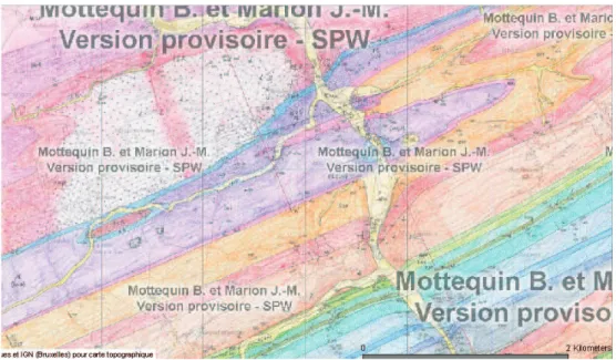 Fig. 7 – Version provisoire de la nouvelle carte géologique de l’aval du bassin Mottequin &amp; Marion version provisoire