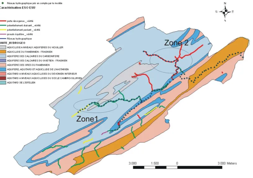 Figure 10: Interactions entre les eaux souterraines et les eaux de surface (ESO-ESU) pour le bassin hydrologique du Néblon amont (carte réalisée sur base des résultats du délivrable  D3.12)
