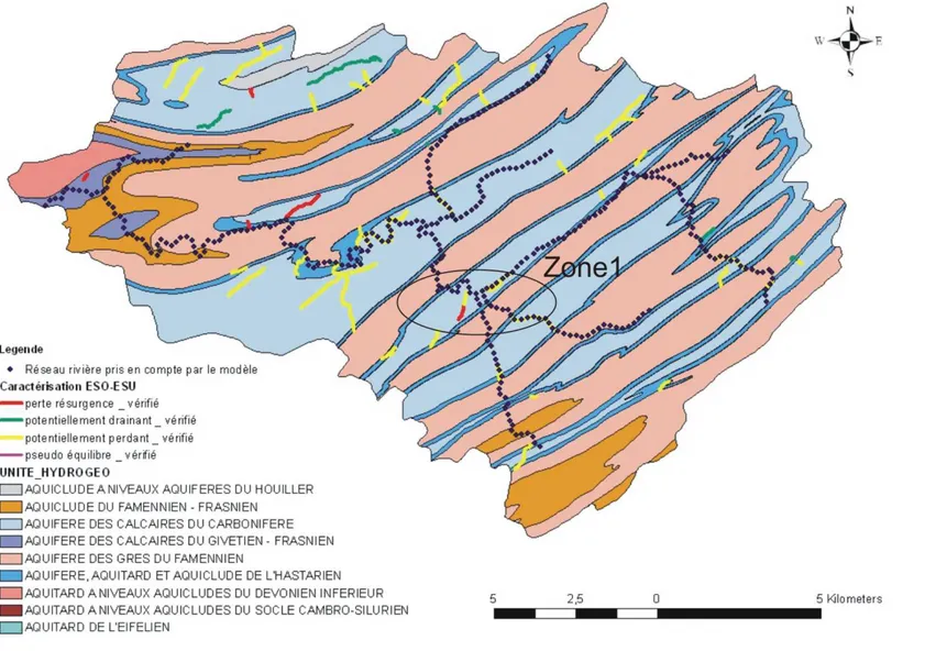 Figure 14: Interactions entre les eaux souterraines et les eaux de surface (ESO-ESU) pour le bassin hydrologique du Bocq (carte réalisée sur base des résultats du délivrable D3.12) 