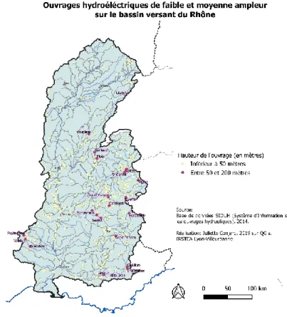 Figure 16: Ouvrages hydroélectriques de faible et moyenne  ampleur sur le bassin versant du Rhône