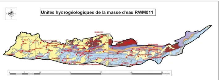 Figure 4-1 : Unités hydrogéologiques de la masse d’eau RWM011 et grandes villes (Légende en fin de rapport  Figure Annexe 2) 