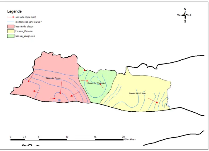 Figure 4-2: Localisation des bassins hydrogéologiques déterminés par les isopièzes de janvier 2007 