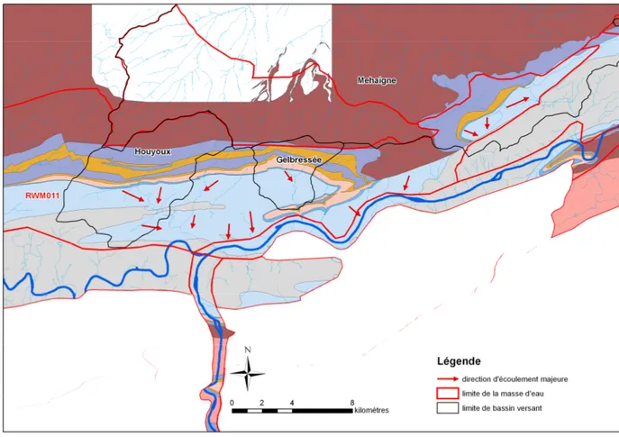 Figure 4-3 : Sens d’écoulement dans les bassins du Houyoux, de Gelbressée et de la Mehaigne – Comportement  hydraulique partie Est 