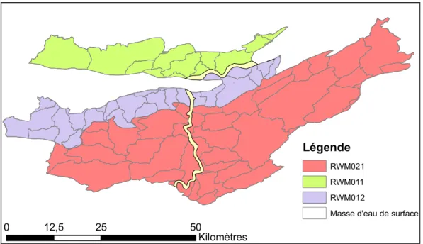 Figure 2-5: Découpage des masses d'eau souterraine en masses d'eau de surface 