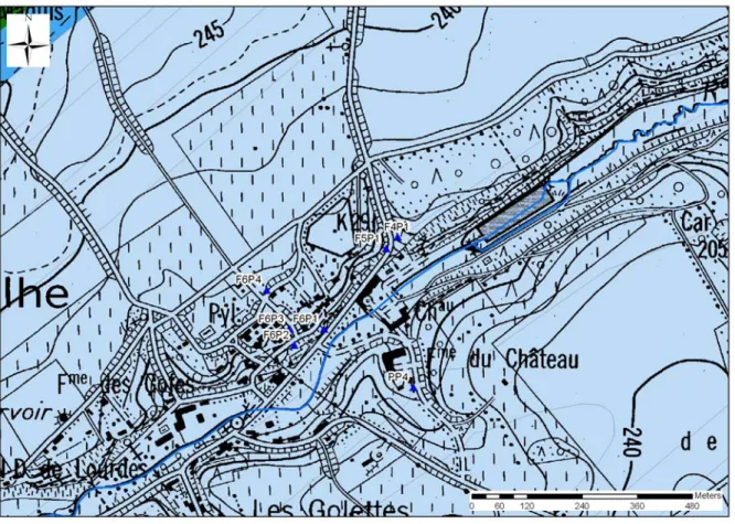 Figure 2-13 : Le ruisseau de Pailhe et la position des piézomètres au droit du village de Pailhe