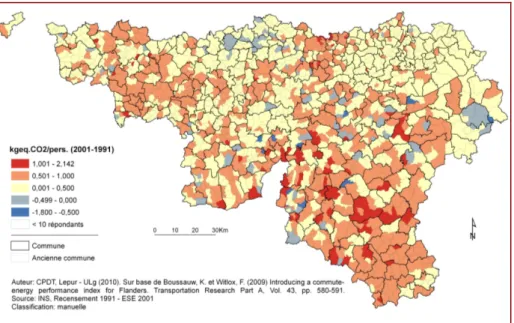 Fig 3. Evolution 1991-2001 des émissions de GES liées aux déplacements domicile-travail en  Wallonie par ancienne commune 