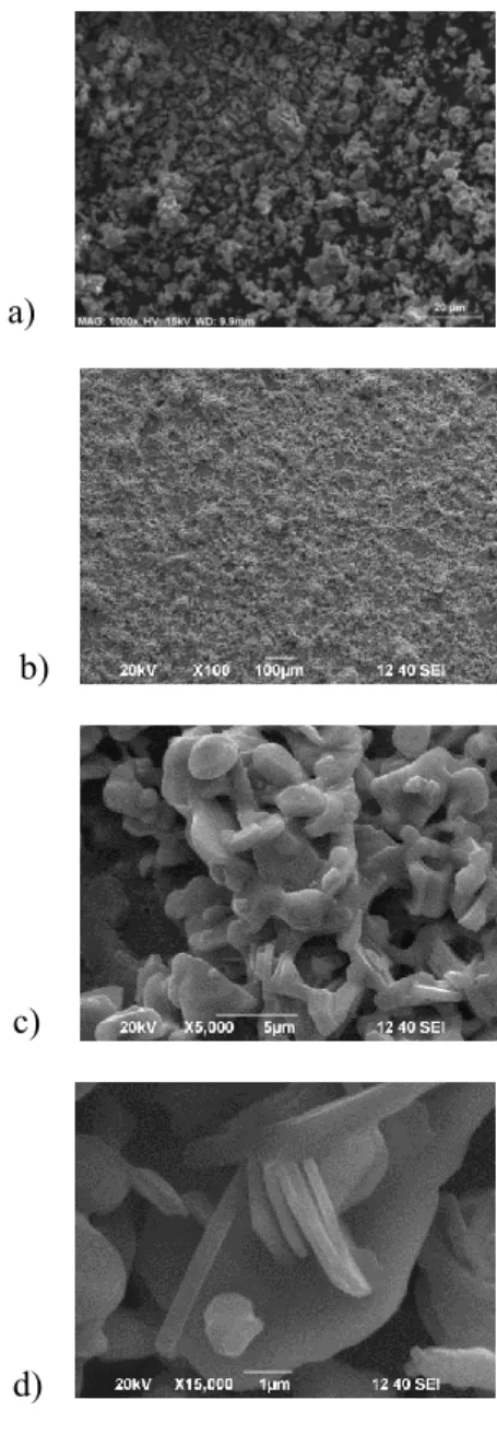 Figure  3.  SEM  images  of  Ba 2 Mg 2 Fe 12 O 22   (a)  and  Ba 0.5 Sr 1.5 Zn 2 Al 0.08 Fe 11.92 O 22  (d) powders, and (b, c) Ba 2 Mg 2 Fe 12 O 22