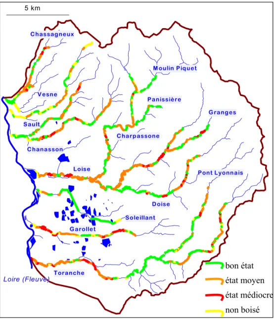 Figure 1 :  état des boisements de berge et diagnostic sur le bassin versant des rivières du Matin (Loire)