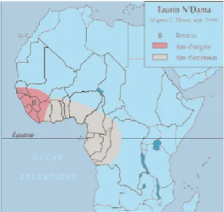 Figure 1 : Berceau et répartition géographique de la race N’Dama en Afrique (Meyer, C
