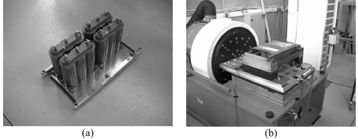 Fig. 4.  (a) Assembly of capacitors              (b) mounted on the electro-dynamic exciter 