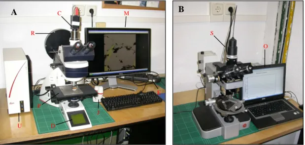 Figura  1.  A:  Microscopio  motorizado  adaptado  para  análisis  de  imagen,  con:  rueda  de  filtros  (R),  cámara digital B/N (C), monitor (M), estabilizador de tensión UPS (E), mando automatizado (J), panel  de  control  (D),  platina  automatizada  