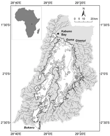 Figure 1. Map of Lake Kivu, showing bathymetry (isobaths at 100 m intervals), catchment area (shaded in grey), rivers, and sampling stations (small circles indicate the rivers)