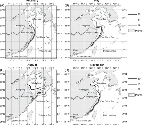 Figure 7.3. The Changjiang River plume in low-discharge February and high-discharge August from Kang et al