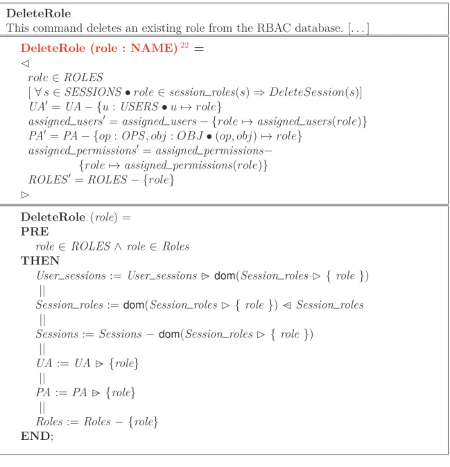 Figure 1.4 – DeleteRole administrative function speciﬁcation and translation (1/2)