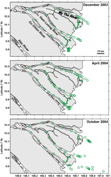 Figure 1. Map of sampling stations in December 2003, April 2004, and October 2004 in the three inner estuarine branches of the Mekong delta (circles) (M e y Tho, Hàm Luông, and C o Chiên) and´ˆ side channels (triangles)