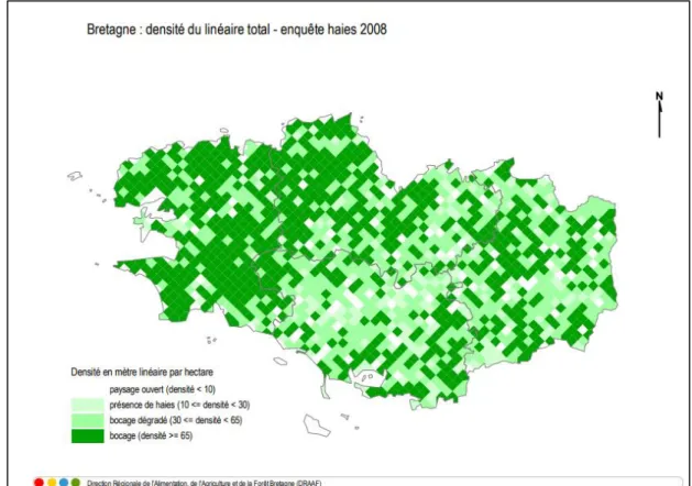 Figure 4 : carte de la densité du linéaire total de haies en 2008. Source : Agreeste DRAAF Bretagne 