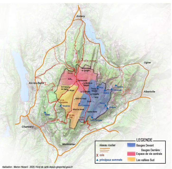 Figure 10 - les principaux accès au cœur des Bauges, et les trois zones paysagères (création Marion Hézard 2020 - fond  de carte depuis geoportail .gouv) 