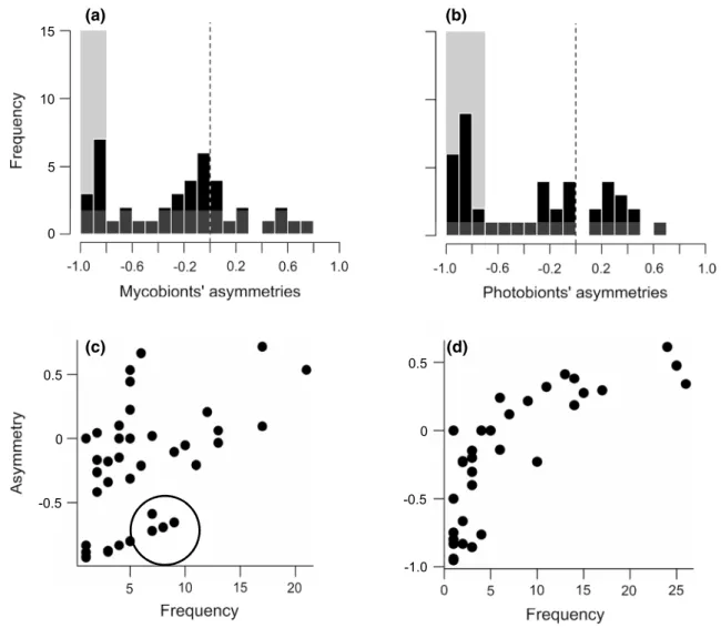 Fig. 3    Interaction symmetry among mycobionts and photobionts in  dataset 1. We show the frequency distributions of asymmetry scores  for a mycobionts and b photobionts