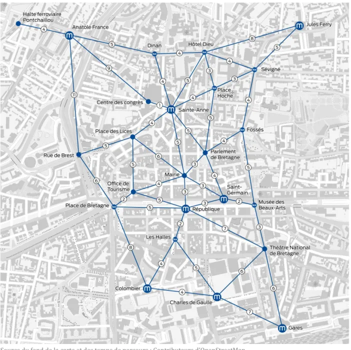 Figure 11 : Proposition d'une carte piétonne du centre-ville représentant les temps de parcours à pied 