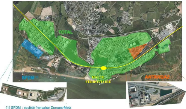 Figure 2. Localisation des 3 sites industriels et de la halte de Donges  (Source : projet de PPRT de Donges / note de présentation juillet 2013) 