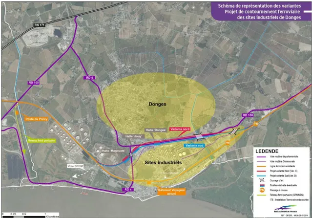 Figure 6. Schéma de présentation des variantes du projet de contournement ferroviaire des sites  industriels de Donges 