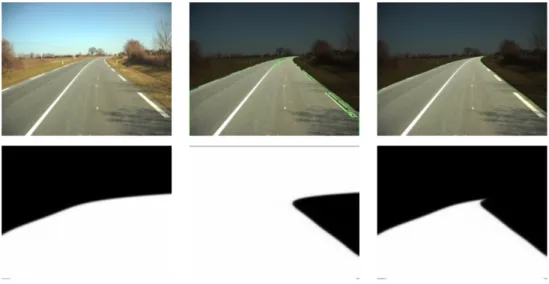 Figure 7: From left to right, first row: original image, color segmentation of the road, resulting region fit on the segmentation, second row: left part of the region, right part of the region, complete resulting region.