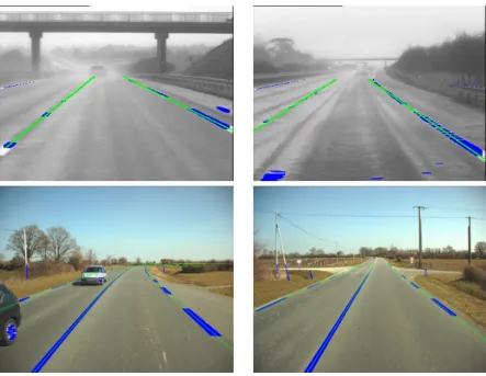 Fig. 1 Images from two real-world road scene sequences. The data points are the centers of the horizonal line segments (dark/blue pixels)
