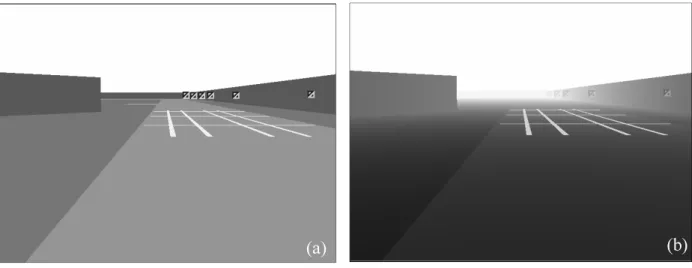 Fig. 3. Photometrically simulated pictures of the validation site: (a) without fog, (b) with fog: V met = 200m.