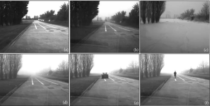 Fig. 4. Images grabbed on the validation site under various weather conditions and with occlusions of the road: (a) sunny weather V ˆ met ≈ 5000 m; (b) haze V ˆ met ≈ 2000 m; (c) snow fall V ˆ met ≈ 1000 m; (d) light fog V ˆ met ≈ 255 m (five visible targe