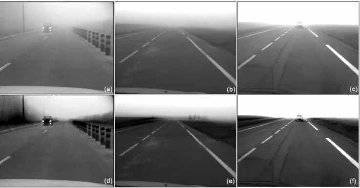 Fig. 1. (a)(b)(c) Samples from three foggy image sequences acquired using an in-vehicle camera, named