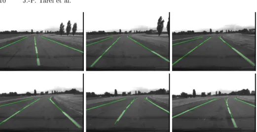 Fig. 4. Six of a 150-image sequence, featuring lane changes. Green lines show the three fitted lane-markings centers.