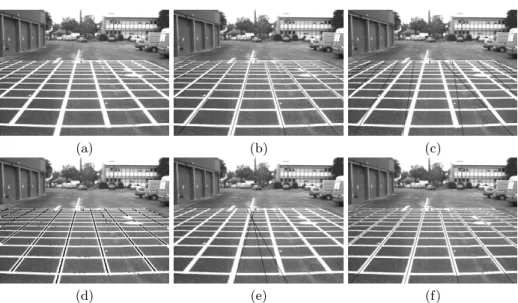 Fig. 6. (a) Original image of the calibration grid. (d) Extracted lane-marking centers (outliers are due to puddles)