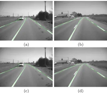 Fig. 3. Two images extracted from a sequence of 240 images processed with, on (a)(b), separate Kalman filters and, on (c)(d), simultaneous Kalman filter
