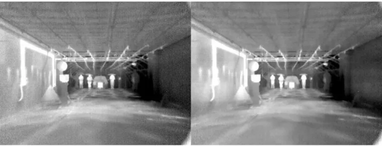 Fig. 5. LWIR image in CEREMA’s Fog chamber [10]. On the left is the original image and on the right the restored image.