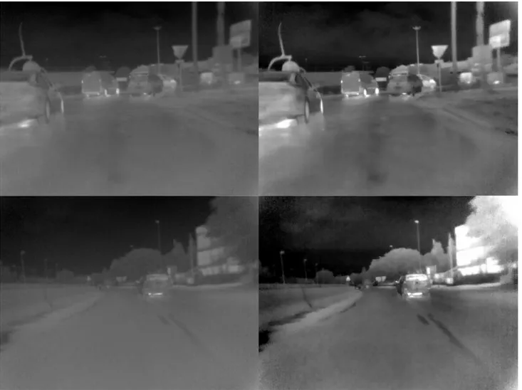 Fig. 8. Examples of LWIR image in bad weather from a camera embedded in a car: original image (left) and restored image (right).