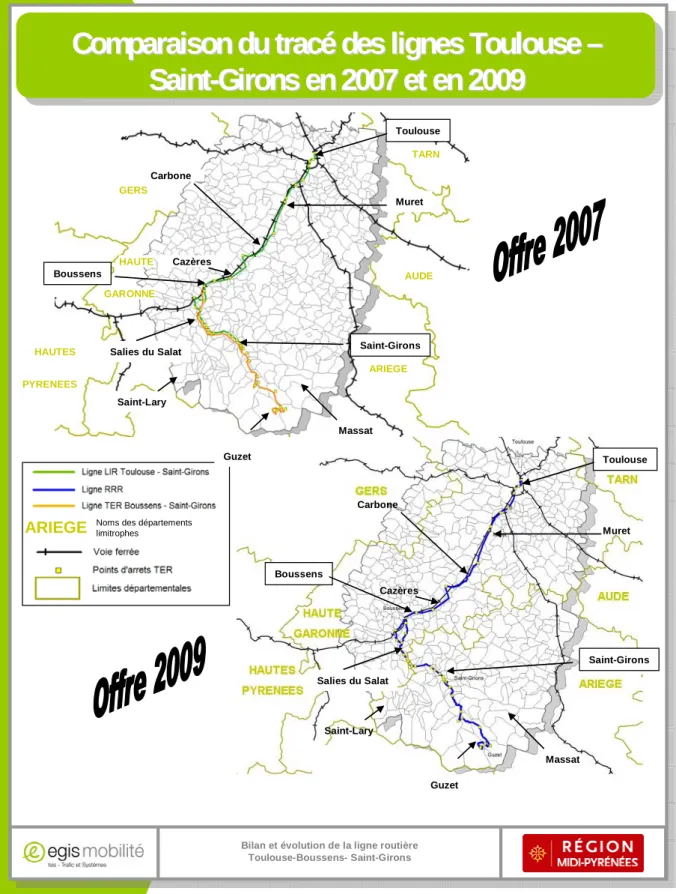 Figure 2 Comparaison du tracé des lignes Toulouse – Saint-Girons en 2007 et 2009 