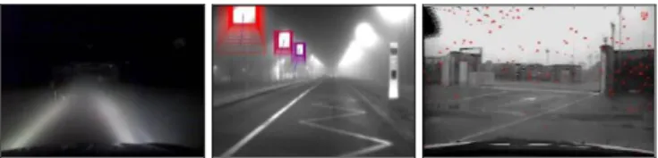 Fig. 1. Visual effects of night-time fog: backscattering from the headlamps (left) and halos around streetlights (center); 