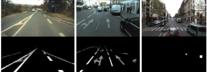Fig. 8. Samples from Ifsttar-Cerema ground-truth databases for testing lane markings (left),   special markings (center) and road signs (right) detection and recognition