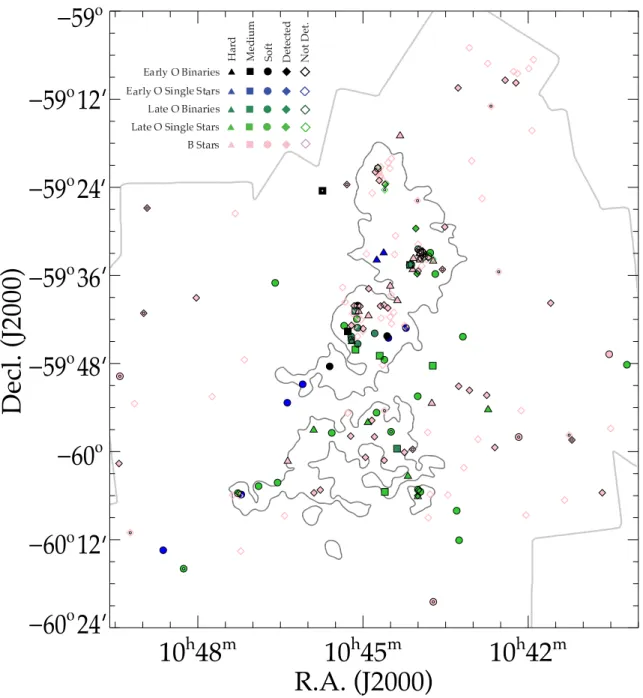 Fig. 1.— Spatial distribution of the 200 OB stars with determined spectral types in Carina.