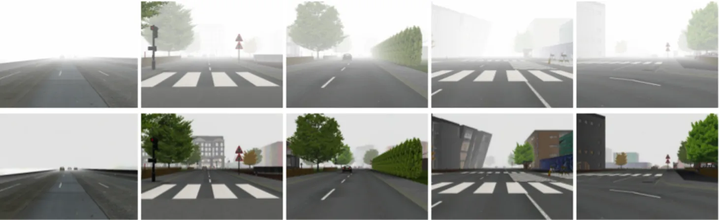 Fig. 3. Defogging results on synthetic images from FRIDA2 database. First line: the image with homogeneous fog and Gaussian noise