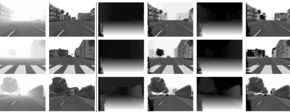 Fig. 3. Results on three images of the synthetic FRIDA3 stereo image database. First column: foggy left images